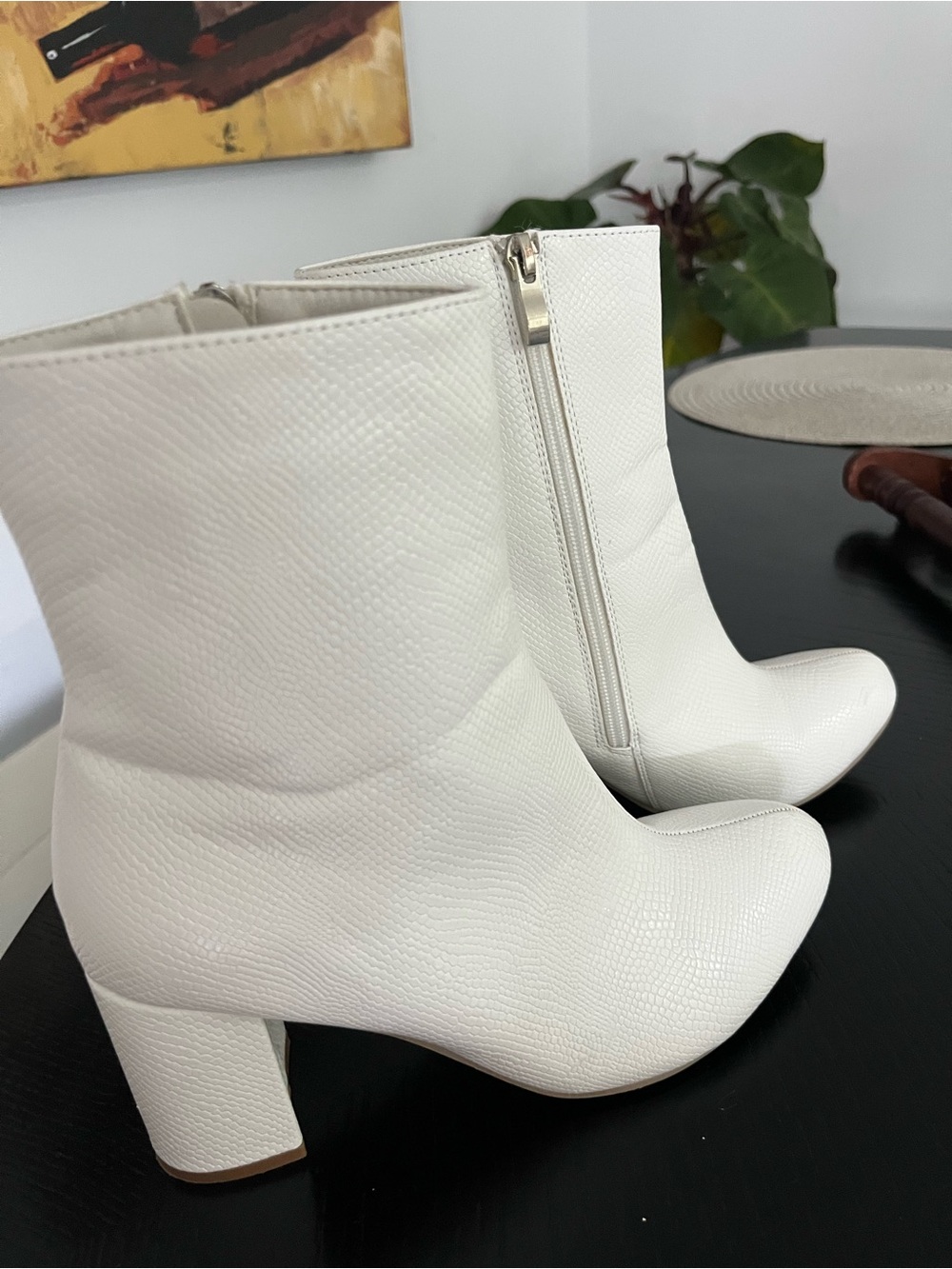 White Textured Leather Block Heel Ankle Boots - Women